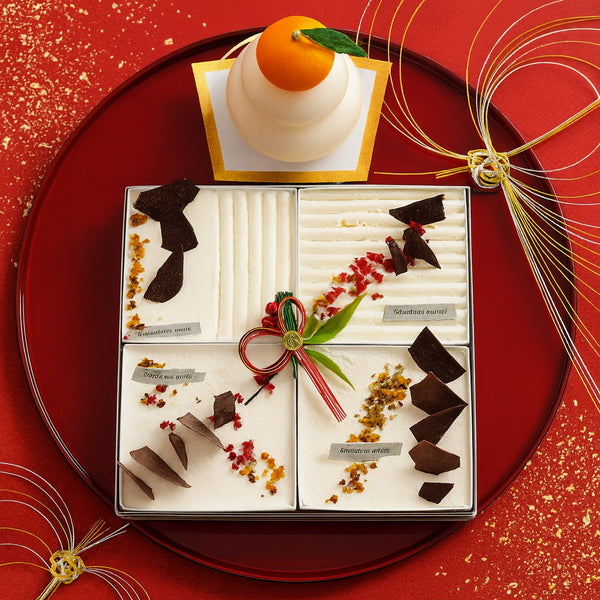 shirokane sweet　TOKYO　スクエアスイーツ白いスイーツおせち　４種Mixスイーツアソート
（ムースフロマージュ、ドゥーブルフロマージュ、ショートケーキ（イチゴ、オレンジ））