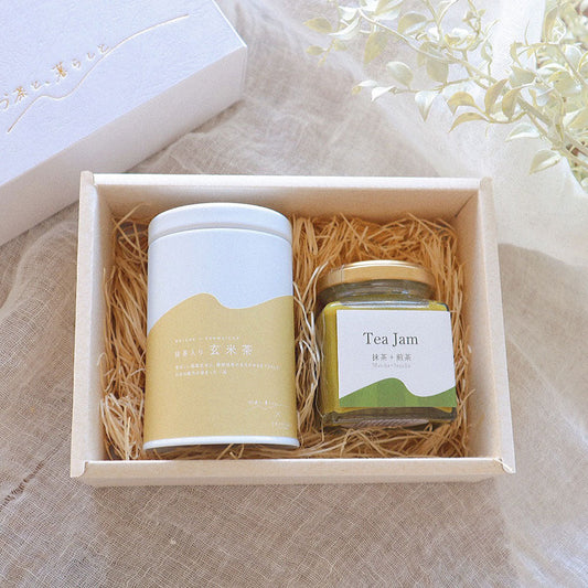 【ギフトカード】お茶と、暮らしと ティータイムセット 抹茶入り玄米茶ティーバッグ缶・Teaミルクジャム130g(抹茶＋煎茶)